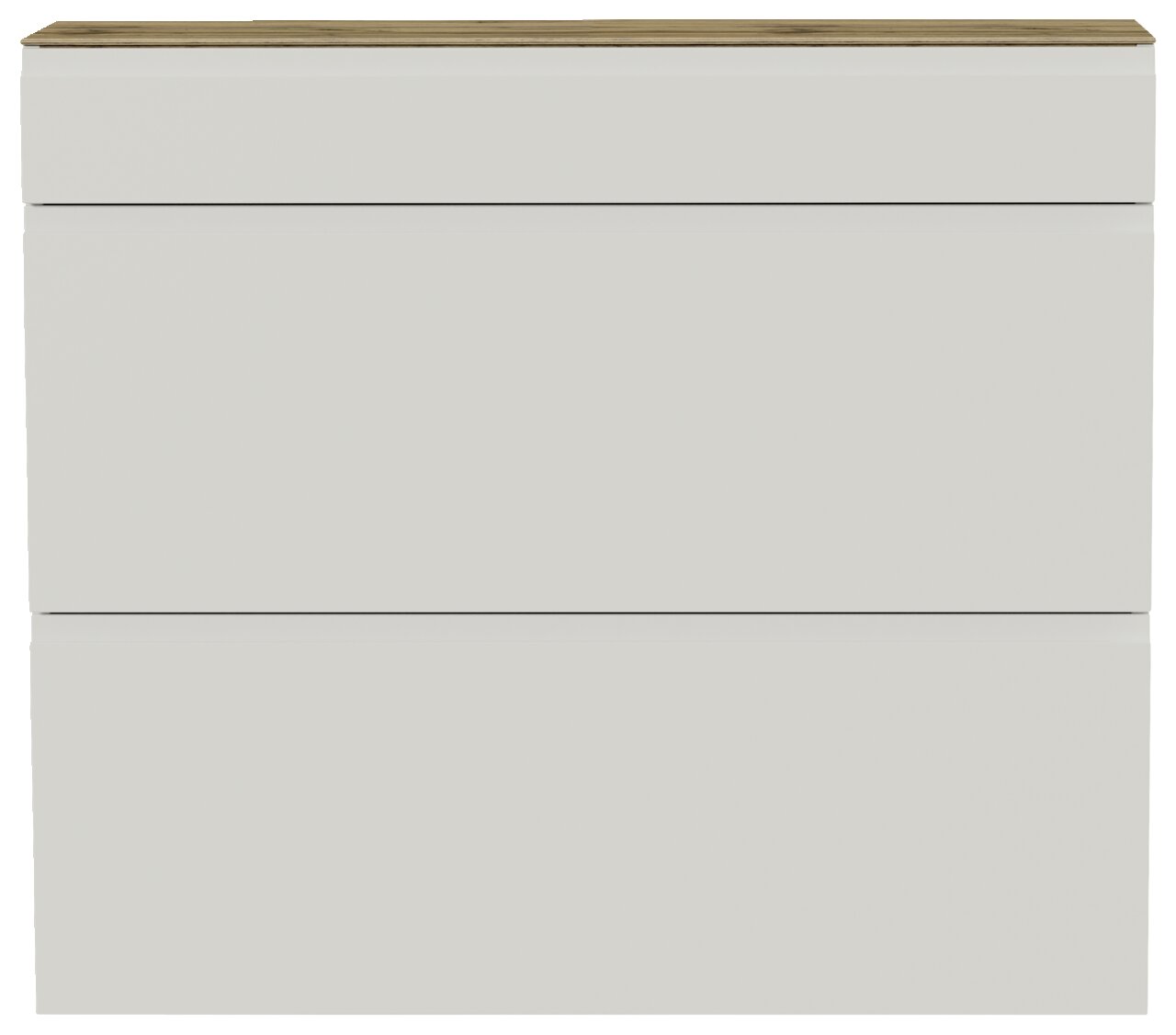 Moderner Hängeschuhschrank in Weiß mit Holzoberfläche, Frontalansicht