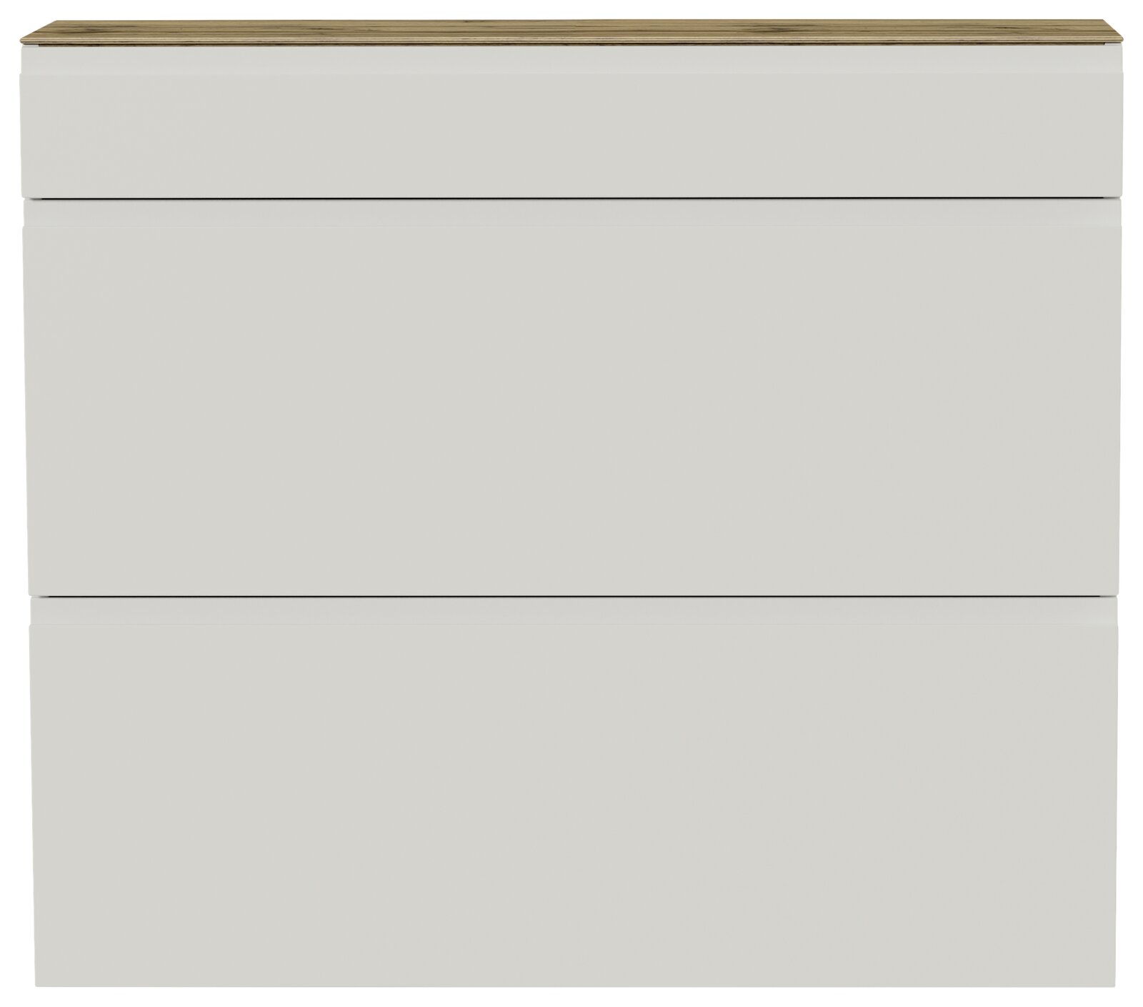 Moderner Hängeschuhschrank in Weiß mit Holzoberfläche, Frontalansicht