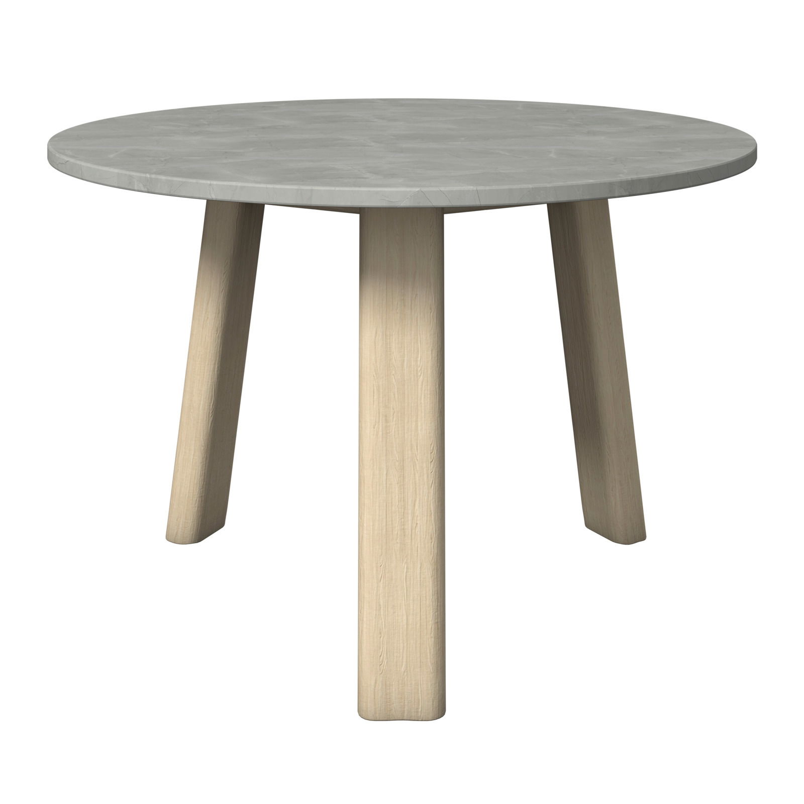 Runder Loungetisch mit grauer Tischplatte und hellen Holzbeinen, seitliche Perspektive