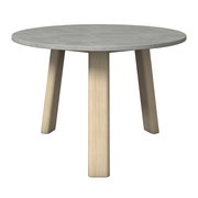 Runder Loungetisch mit grauer Tischplatte und hellen Holzbeinen, seitliche Perspektive