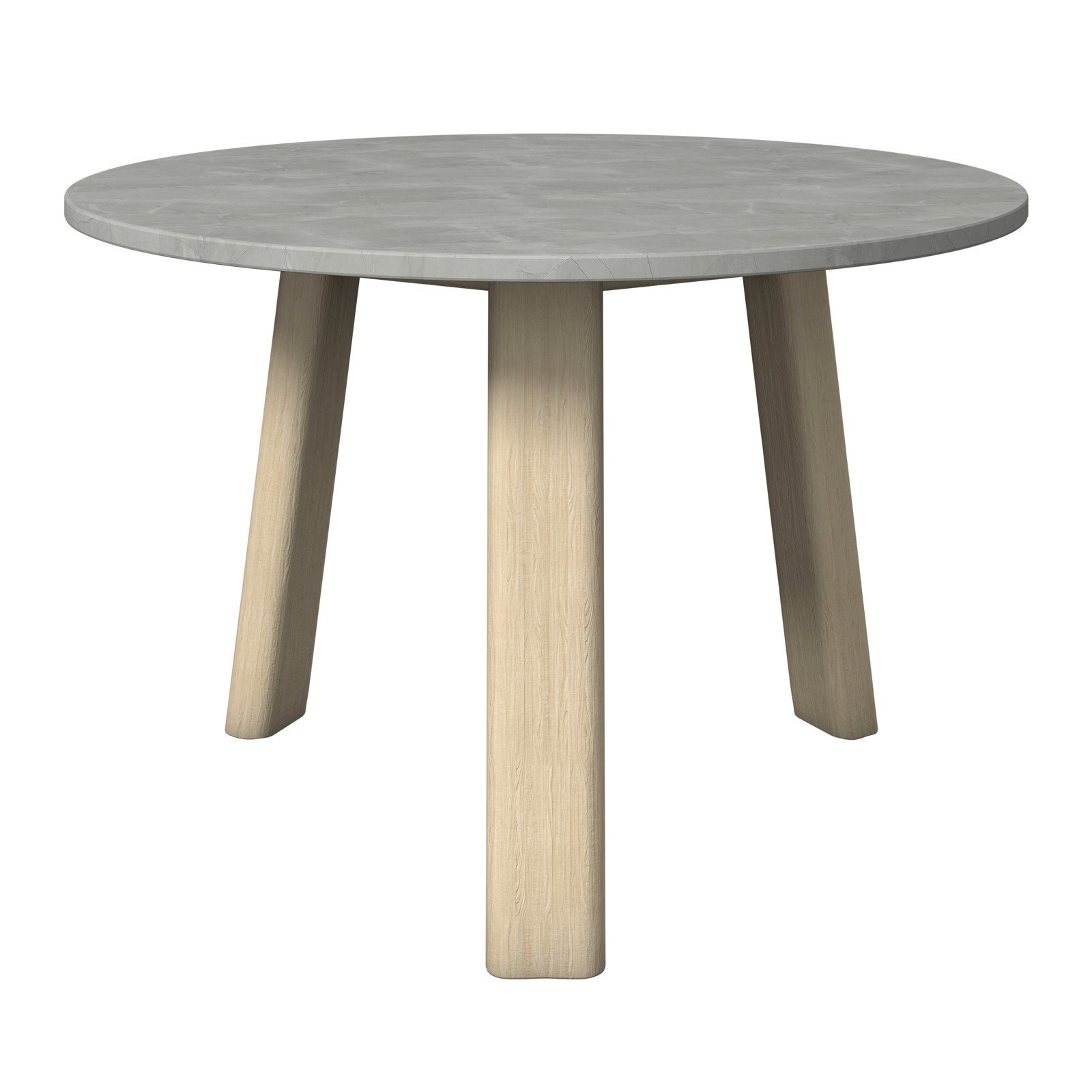 Runder Loungetisch mit grauer Tischplatte und hellen Holzbeinen, seitliche Perspektive