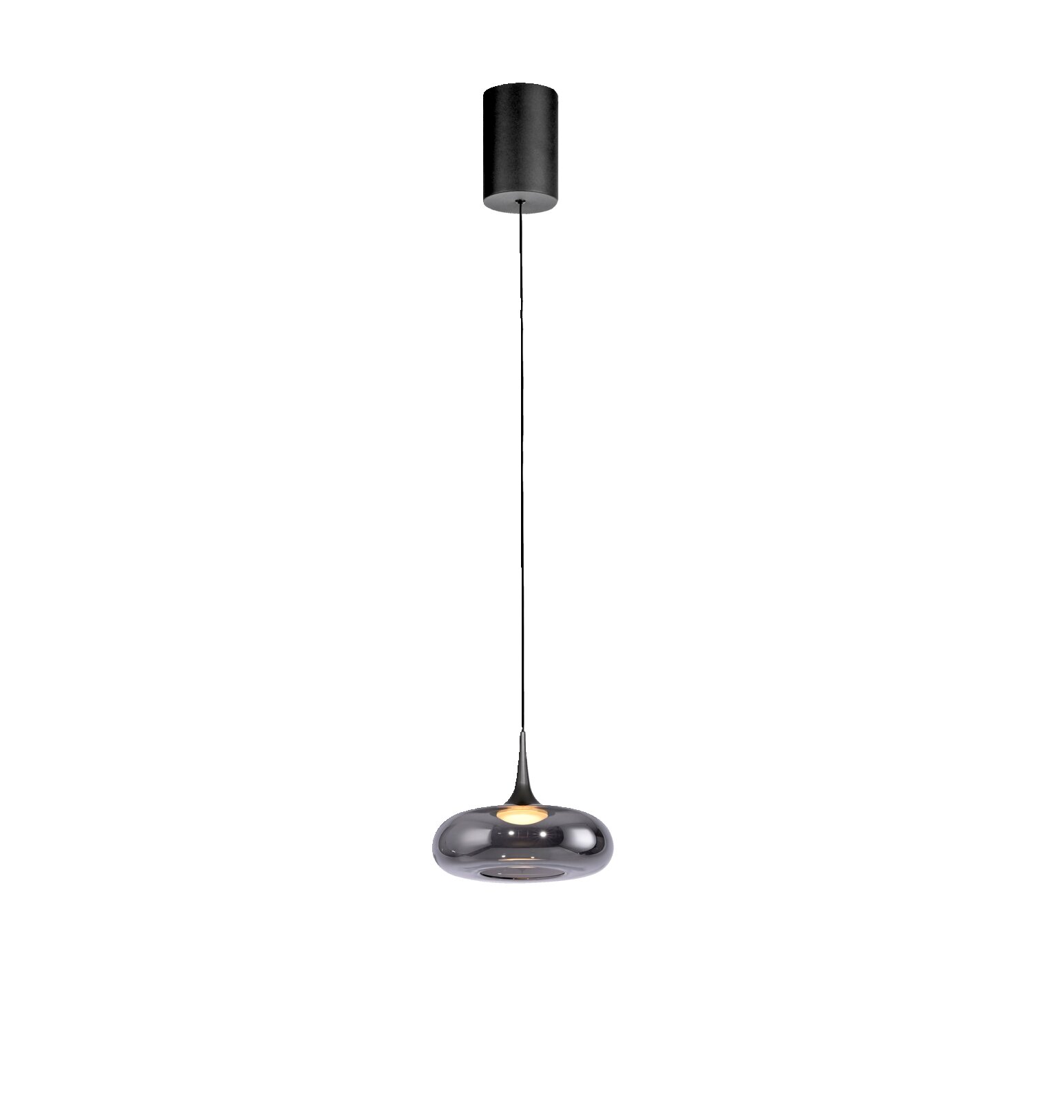 Moderne LED-Pendelleuchte mit höhenverstellbarem Kabel, schwarzer Deckenbaldachin und rauchgrauer Glas-Schirm, frontal aus leicht erhöhter Perspektive vor grauem Hintergrund