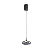 Moderne LED-Pendelleuchte mit höhenverstellbarem Kabel, schwarzer Deckenbaldachin und rauchgrauer Glas-Schirm, frontal aus leicht erhöhter Perspektive vor grauem Hintergrund