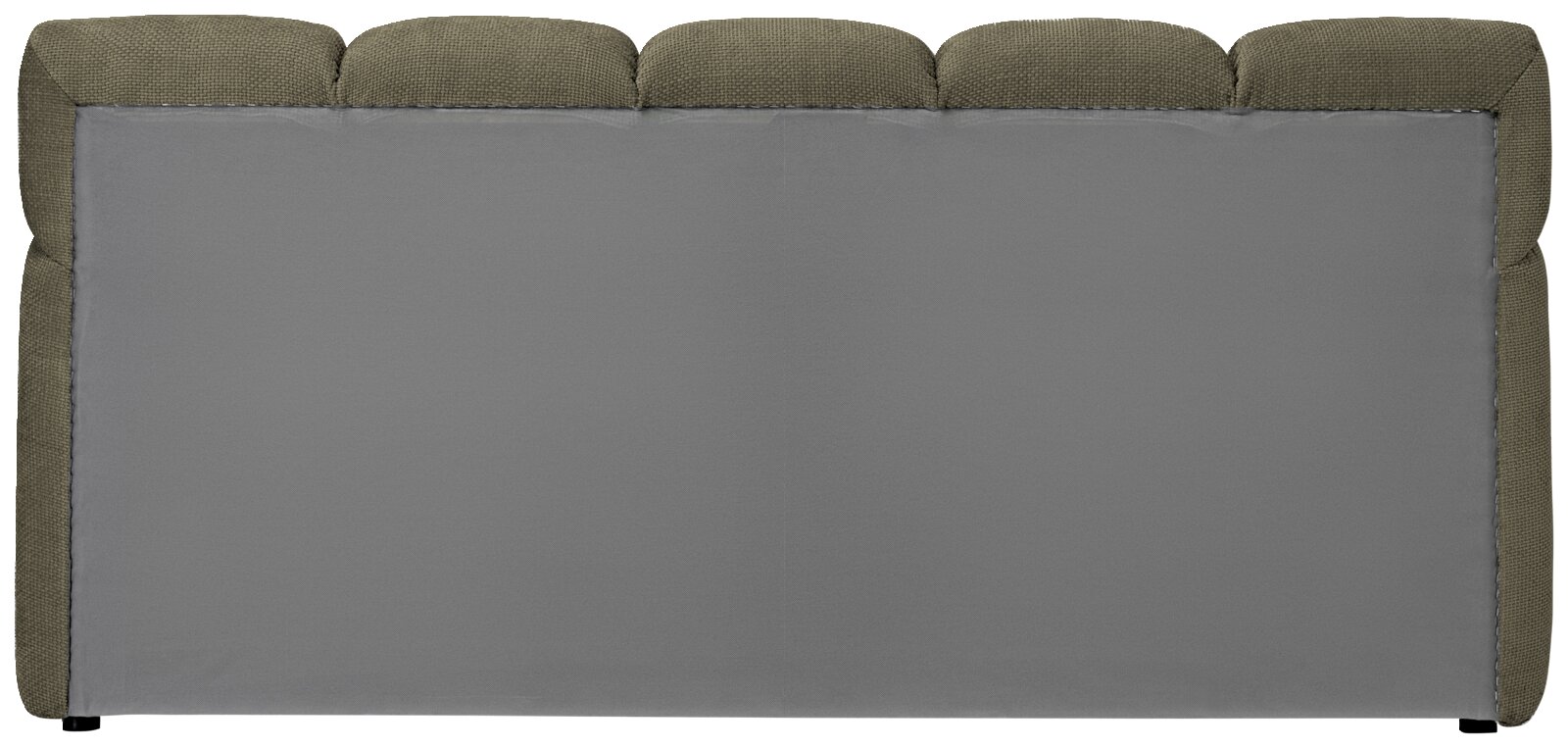 Achterkant van een gestoffeerd bed met grijze stoffen bekleding en een gestoffeerd hoofdeinde.