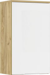 Moderner Hängeschrank mit Holzoptik an der Seite und weißer Front, seitliche Perspektive