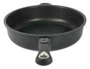 Schwarze Schmorpfanne mit 28 cm Durchmesser, seitliche Perspektive mit sichtbarem Griff.