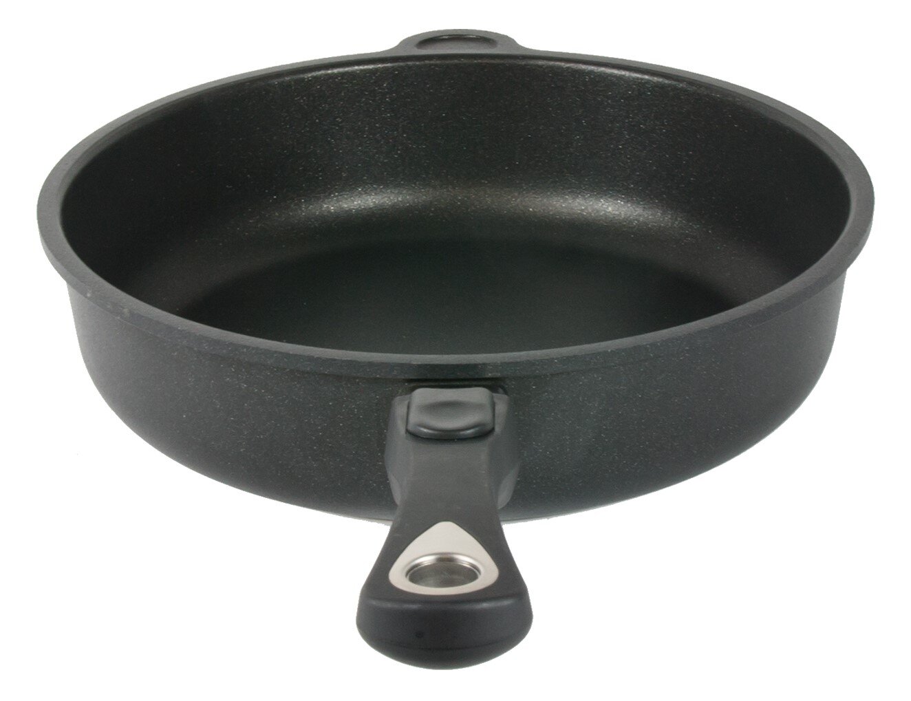 Zwarte braadpan met een diameter van 28 cm, zijaanzicht met zichtbaar handvat.