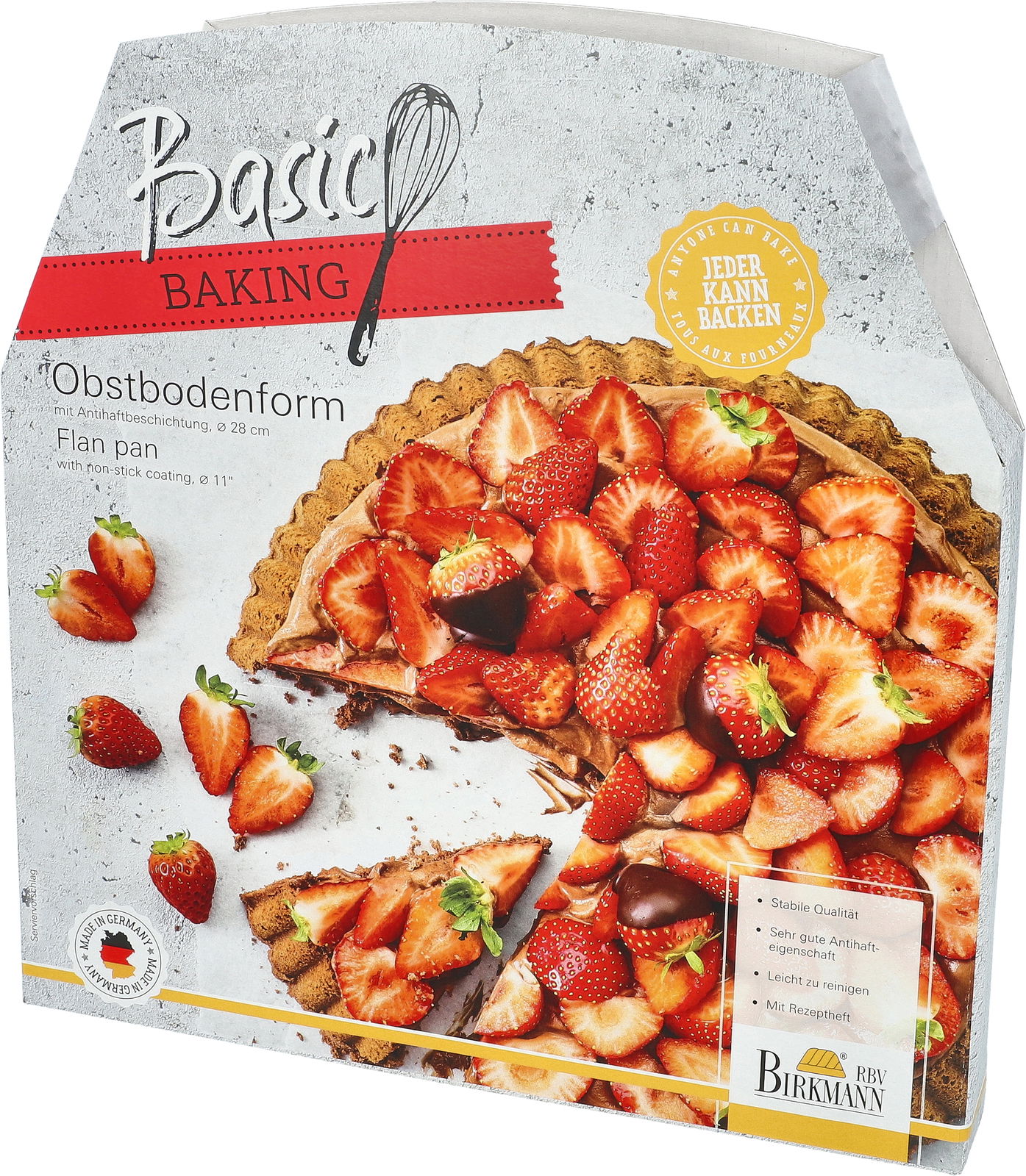 Verpackung der Obstbodenform Ø 28 cm von RBV Birkmann mit einem Bild eines mit Erdbeeren belegten Kuchens, Perspektive leicht von oben.