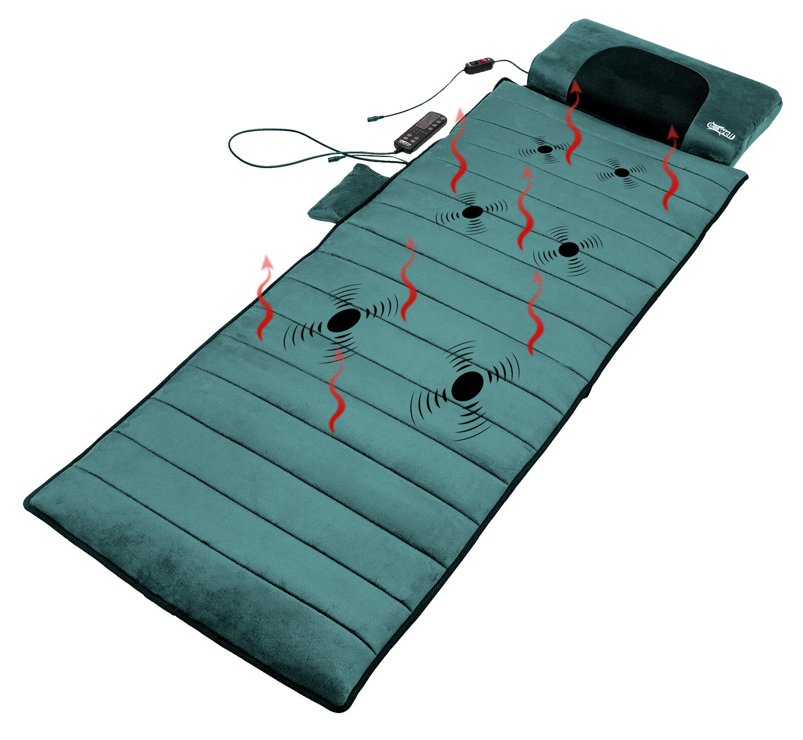 Grüne Massage- und Wärmematte mit Kopfkissen, integrierten Vibrationspunkten und Kabel-Fernbedienung, schräg von oben in 3/4-Perspektive auf weißem Hintergrund