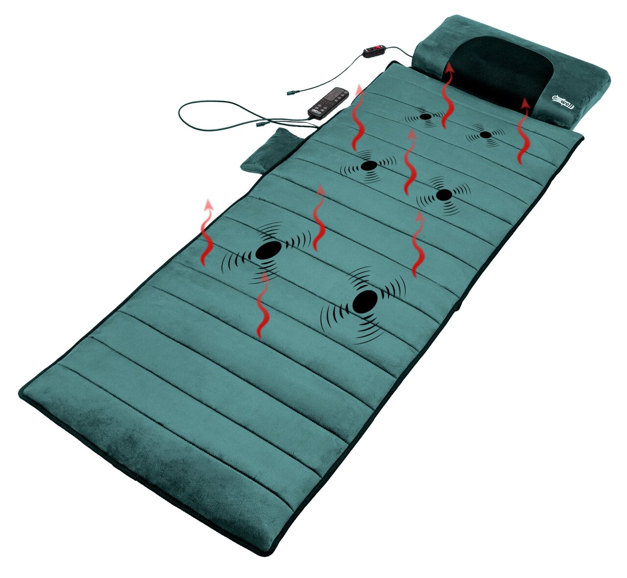 Grüne Massage- und Wärmematte mit Kopfkissen, integrierten Vibrationspunkten und Kabel-Fernbedienung, schräg von oben in 3/4-Perspektive auf weißem Hintergrund