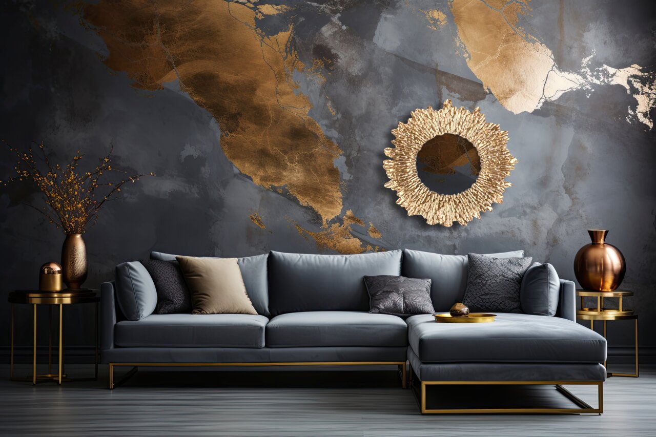 Runder Spiegel mit goldener, strukturierter Umrandung an einer Wand über einem eleganten, blauen Sofa in einem stilvoll eingerichteten Wohnzimmer. Perspektive: Frontalansicht.