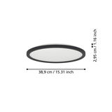 Runde LED-Deckenleuchte ROVITO in seitlicher Perspektive, Durchmesser 38,9 cm, Höhe 2,95 cm.
