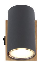 Zylindrischer Strahler aus dunkelgrauem Metall mit Holzrückplatte, frontal abgebildet.