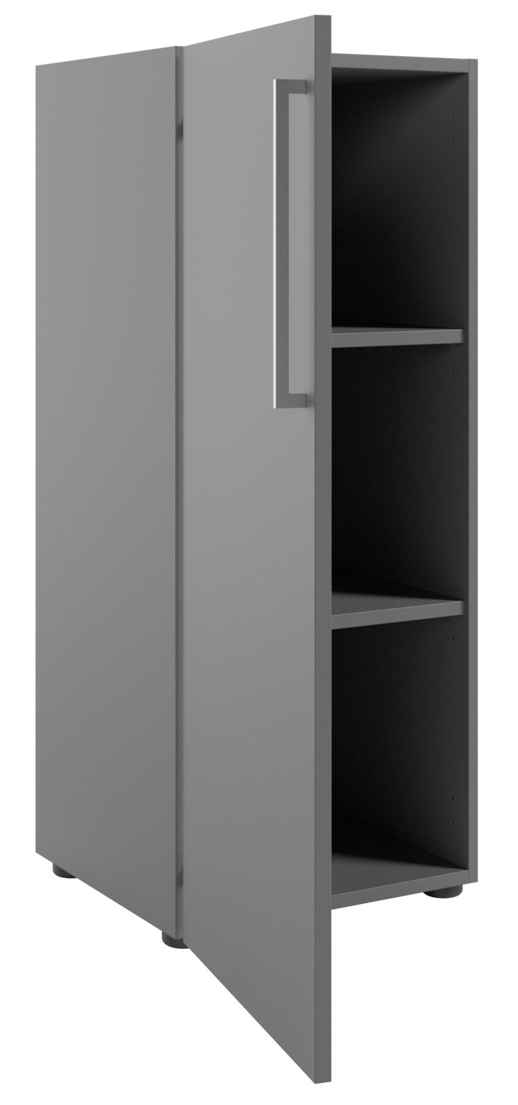 Grauer Aktenschrank mit Linksanschlag, geöffnete Tür, zwei Einlegeböden, seitliche Perspektive