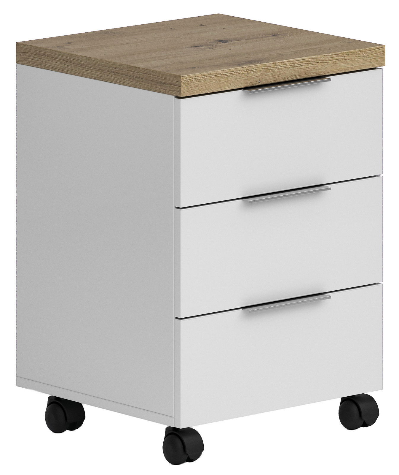 XORA Rollcontainer IDEA-OFFICE Rollcontainer mit drei Schubladen, weißem Korpus und Holzoberfläche, auf Rollen, seitliche Perspektive