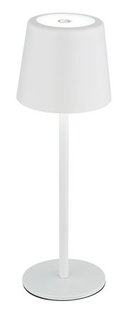 Moderne weiße Tischleuchte mit schlichtem Design, seitliche Perspektive