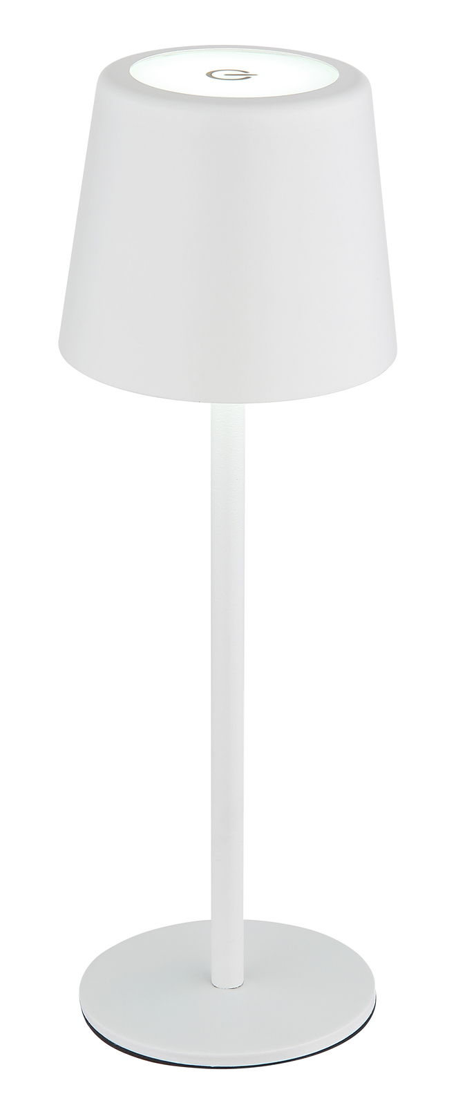 Moderne weiße Tischleuchte mit schlichtem Design, seitliche Perspektive