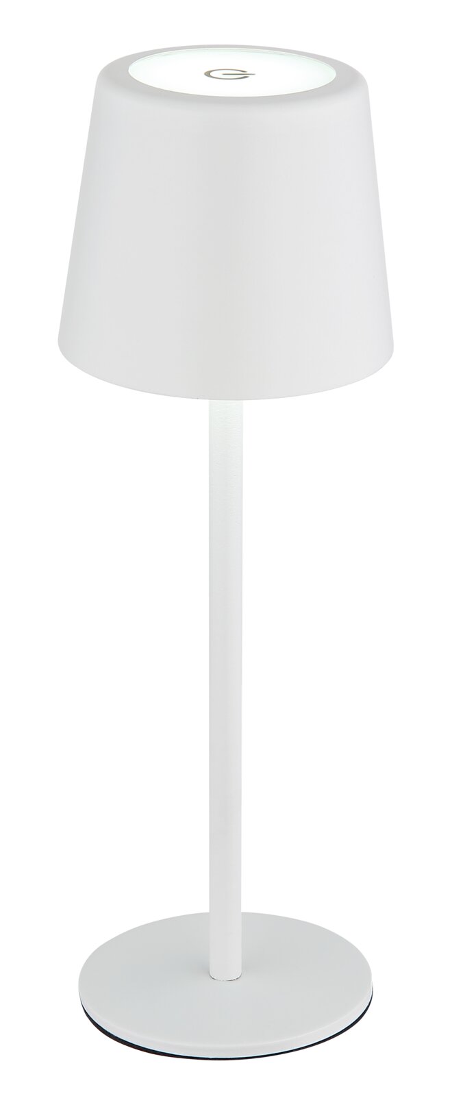 Moderne weiße Tischleuchte mit schlichtem Design, seitliche Perspektive