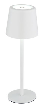 Moderne weiße Tischleuchte mit schlichtem Design, seitliche Perspektive