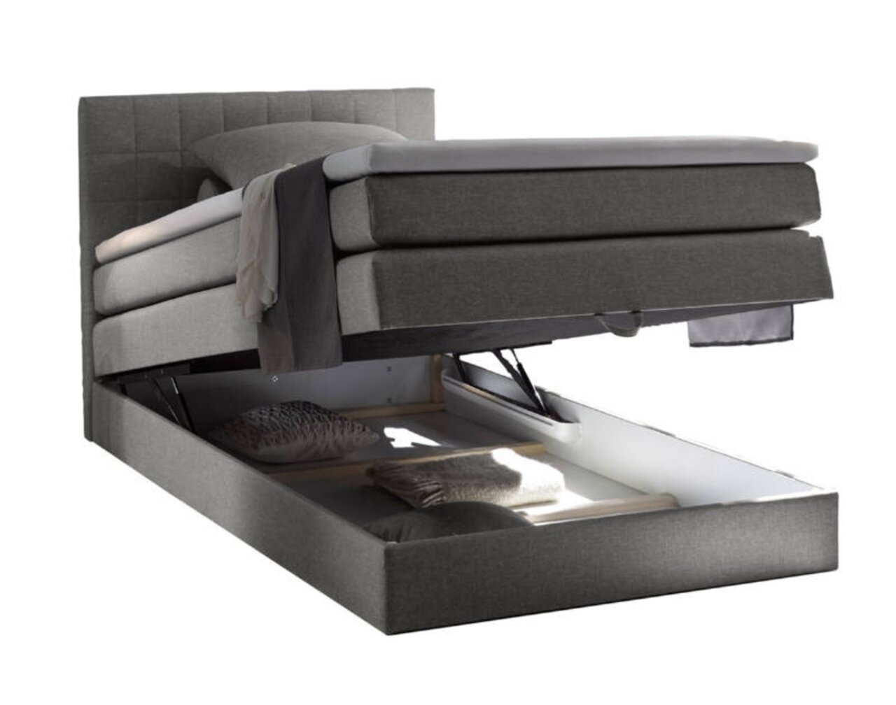 Boxspringbett mit Stauraum, seitliche Perspektive