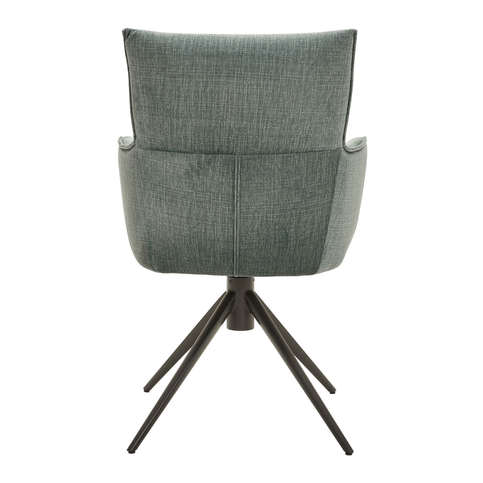 Rückansicht eines Armlehnstuhls mit grünem Stoffbezug und schwarzem Metallgestell.