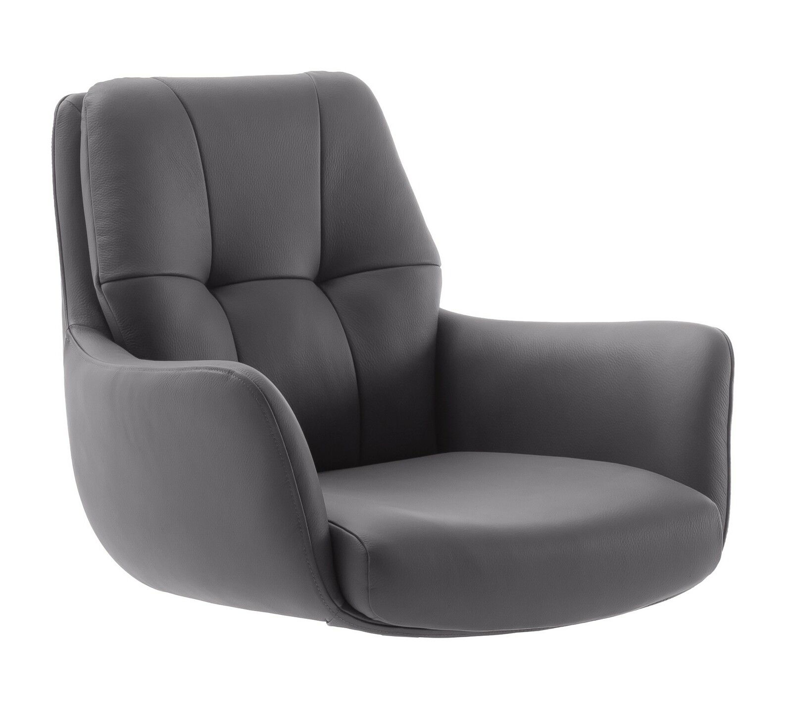 Grauer Armlehnstuhl aus Leder, Vorderansicht mit leichtem Winkel von der Seite