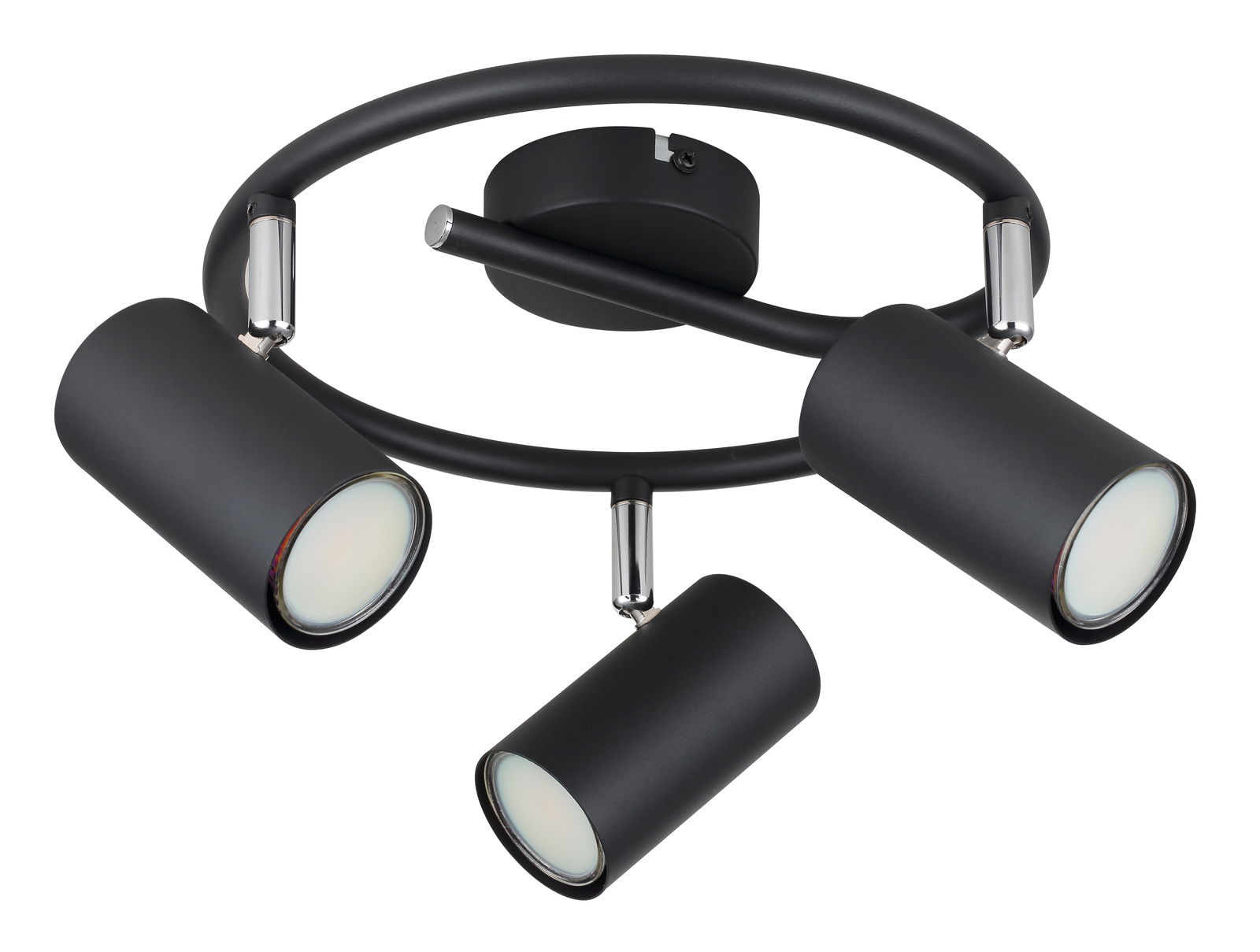 Moderner schwarzer Deckenstrahler mit drei verstellbaren Leuchten, Ansicht von unten.