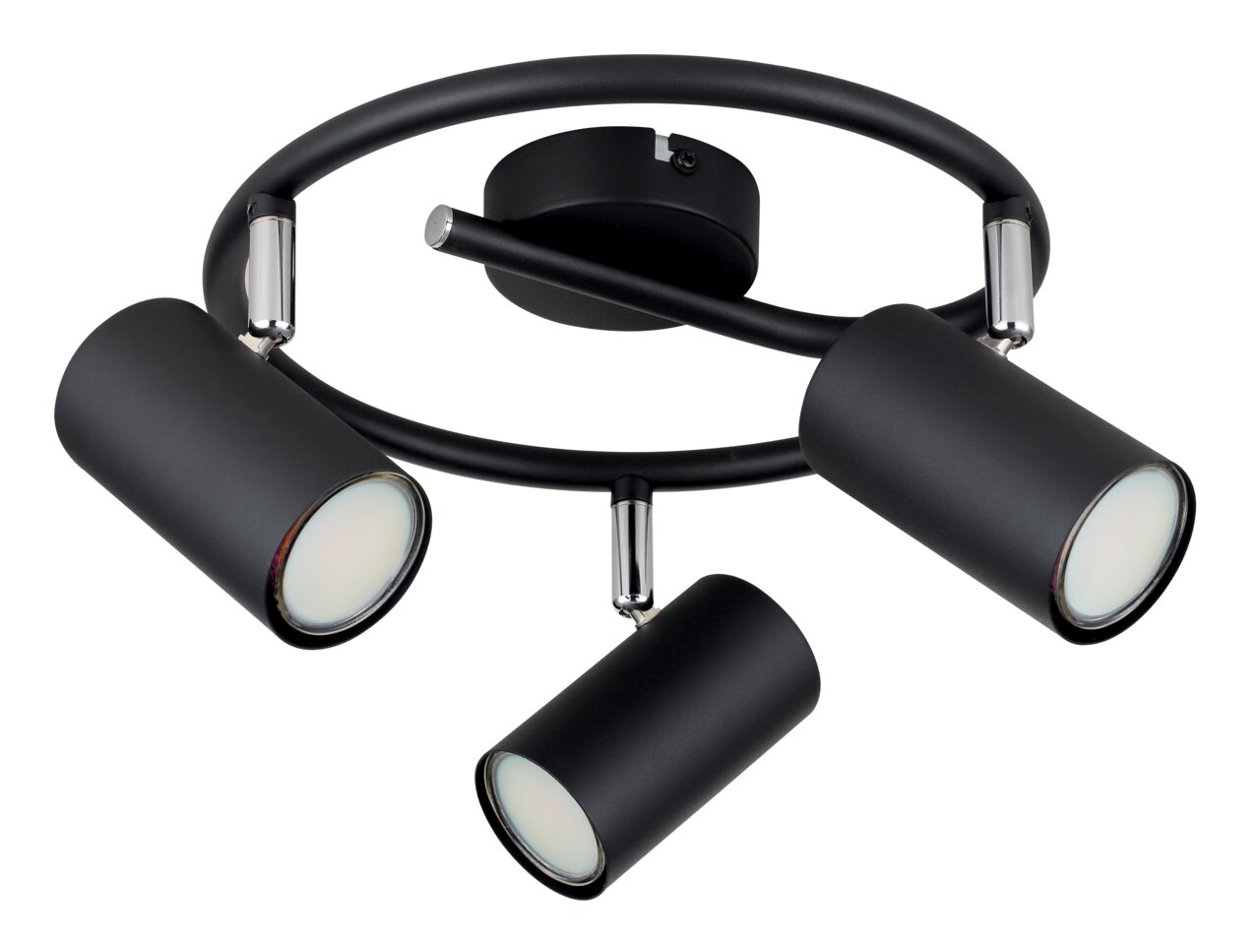Moderner schwarzer Deckenstrahler mit drei verstellbaren Leuchten, Ansicht von unten.