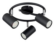 Moderner schwarzer Deckenstrahler mit drei verstellbaren Leuchten, Ansicht von unten.