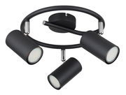 Moderner schwarzer Deckenstrahler mit drei verstellbaren Leuchten, Ansicht von unten.