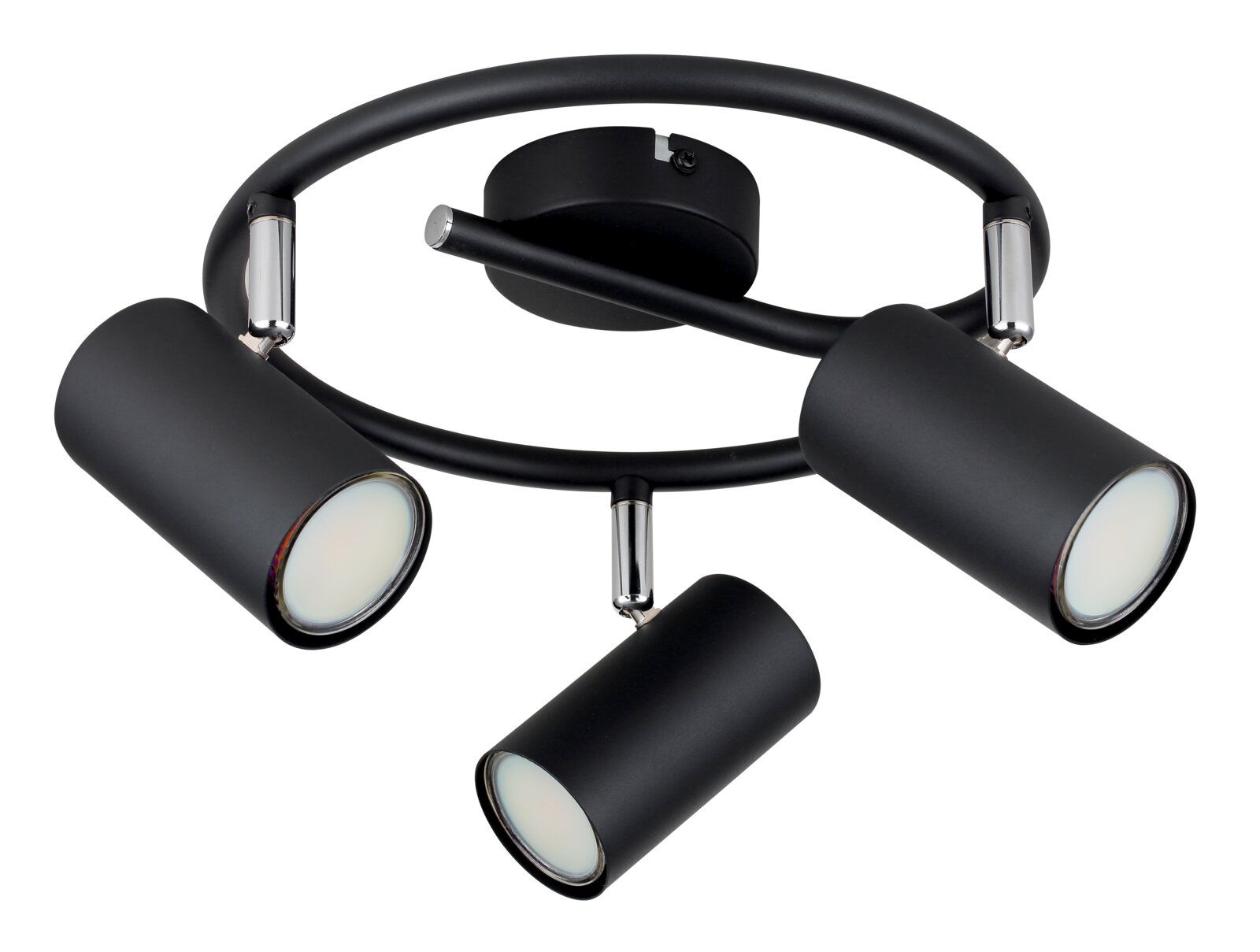 Moderne zwarte plafondspot met drie verstelbare lampen, gezien van onderaf.