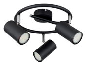 Moderne zwarte plafondspot met drie verstelbare lampen, gezien van onderaf.