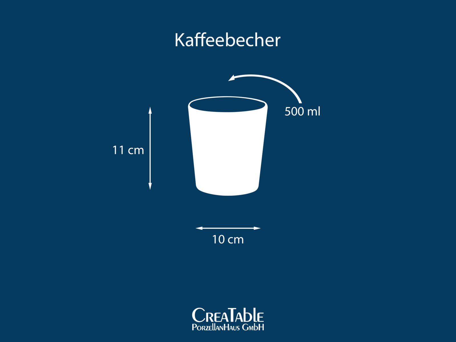 Schematische Frontansicht eines weißen Kaffeebechers (500 ml) mit Maßangaben: Höhe 11 cm, Breite 10 cm, auf blauem Hintergrund.