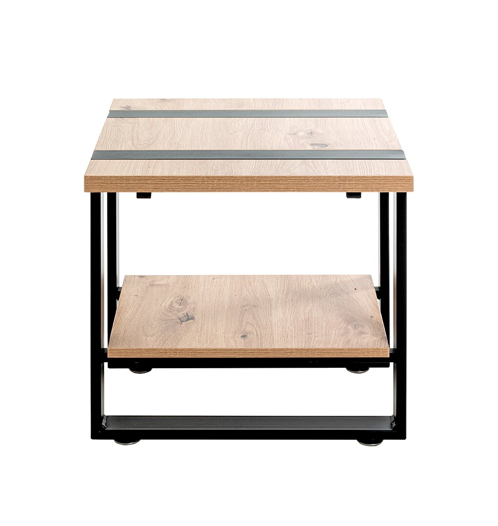 Moderner Beistelltisch aus hellem Holz mit schwarzem Metallgestell und Ablageboden, Frontansicht leicht von oben