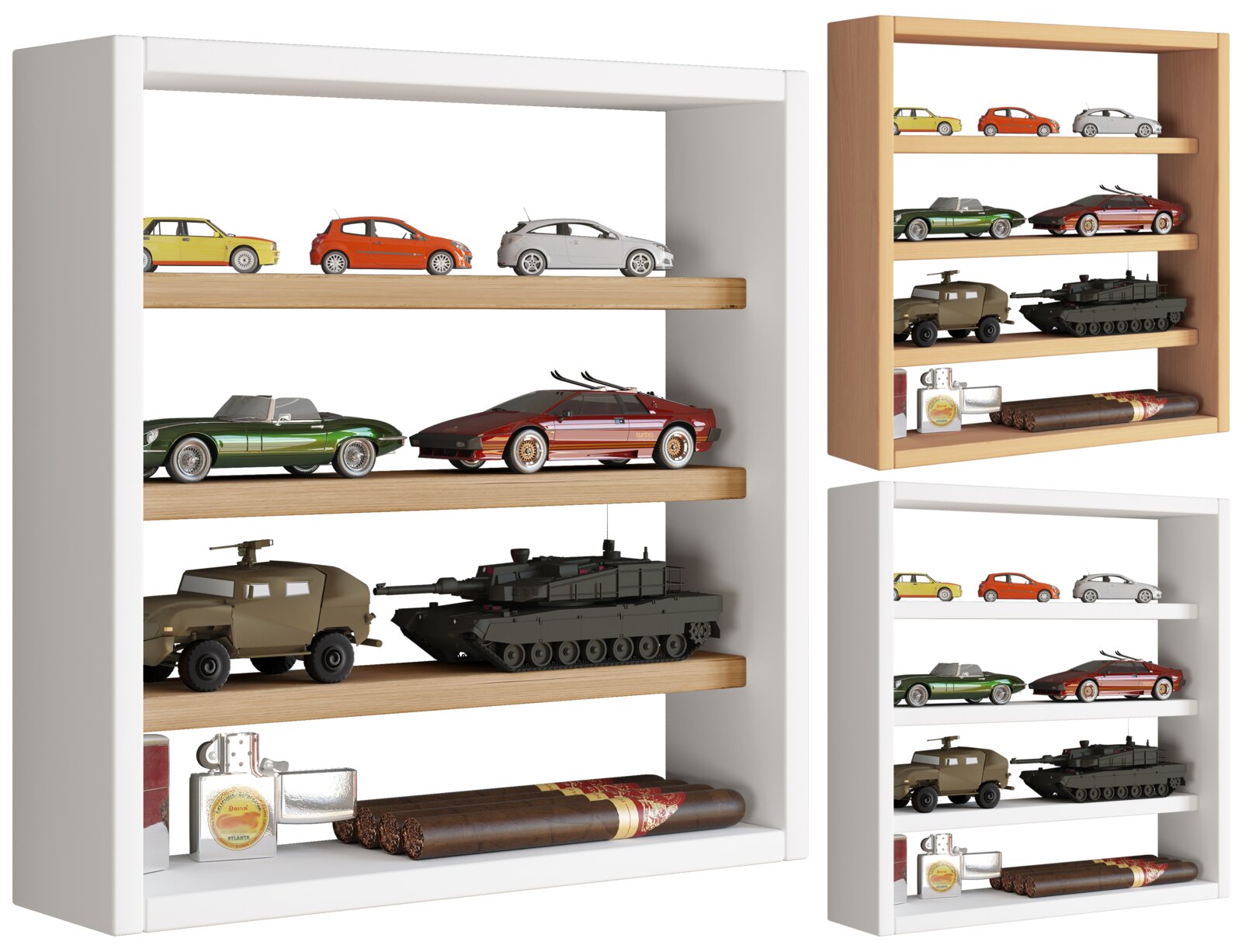 Wandregal/Vitrine in Weiß mit Holz-Einlegeböden, bestückt mit Modellautos, Militärfahrzeugen und Zigarren, gezeigt in frontaler Ansicht sowie in zwei kleineren Ansichten rechts.