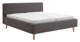 Graues Polsterbettgestell mit Holzfüßen, seitliche Perspektive