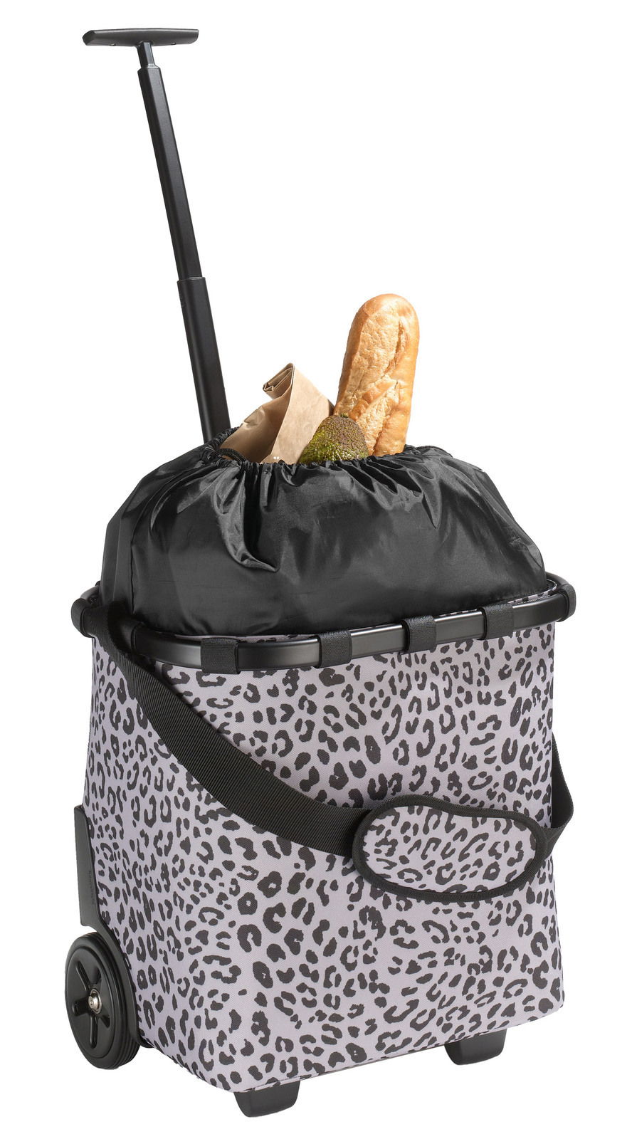 Einkaufstrolley mit Leopardenmuster, gefüllt mit Lebensmitteln, seitliche Perspektive