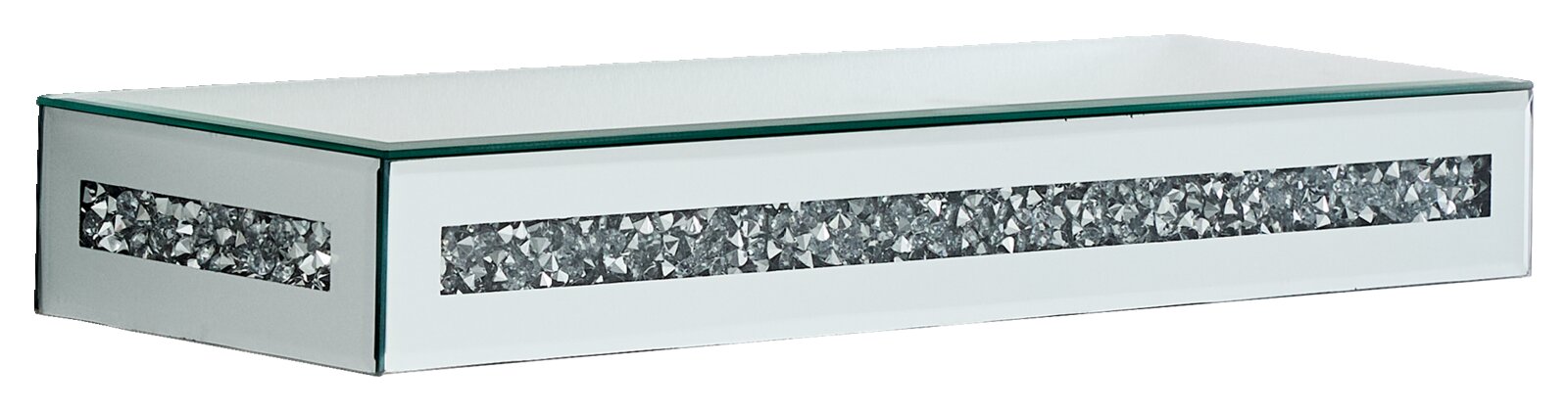 Modernes Wandboard mit Glasoberfläche und dekorativem Glitzereinsatz, seitliche Perspektive