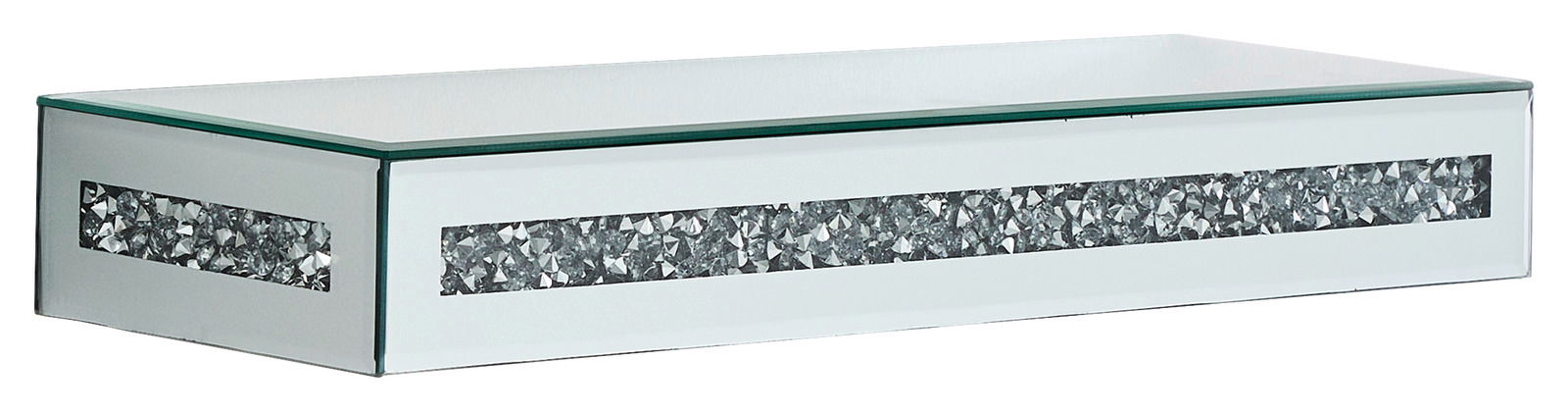 Modernes Wandboard mit Glasoberfläche und dekorativem Glitzereinsatz, seitliche Perspektive