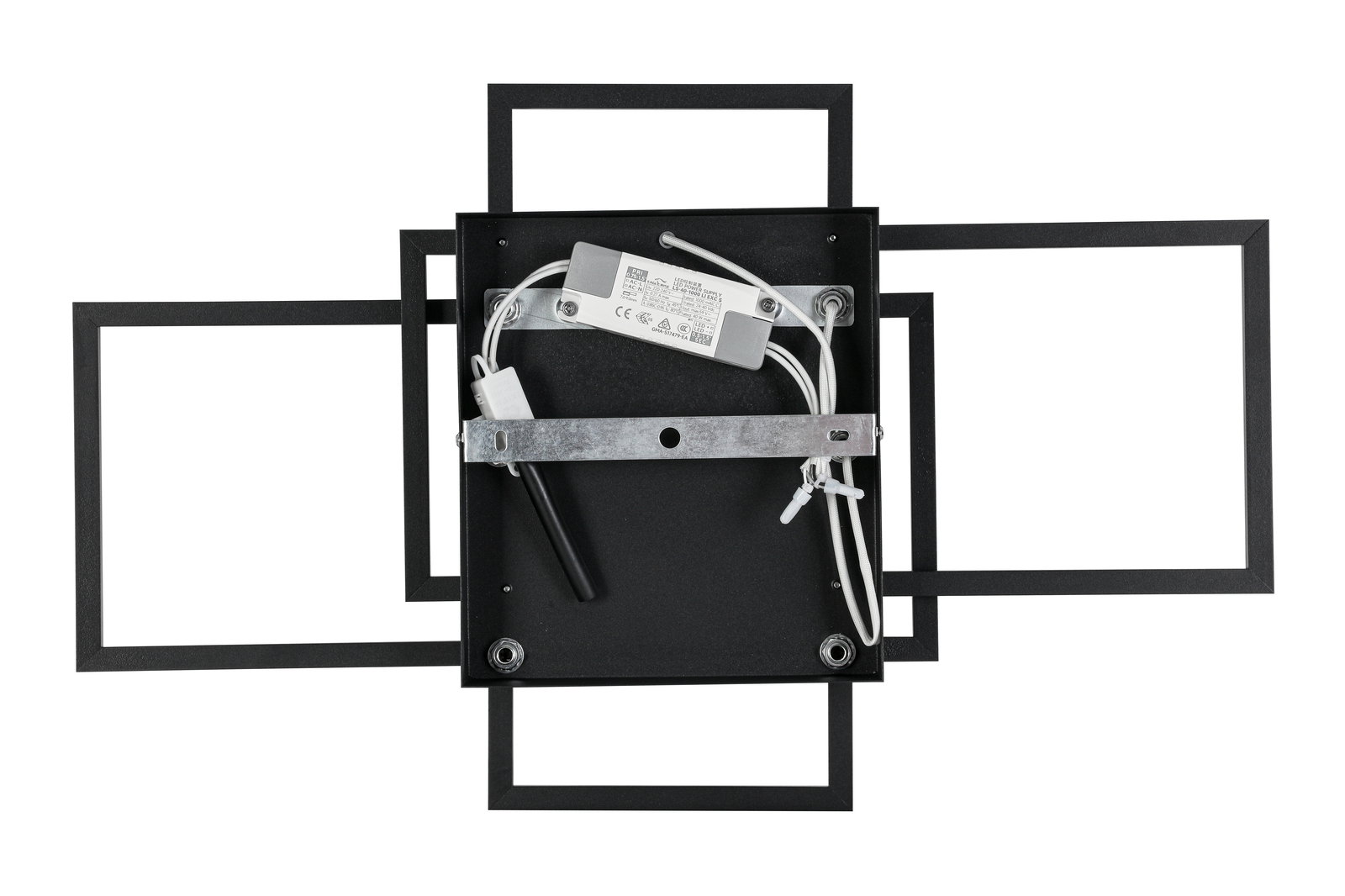 LED-Deckenleuchte von oben mit sichtbarer Verkabelung und rechteckigem Rahmen.