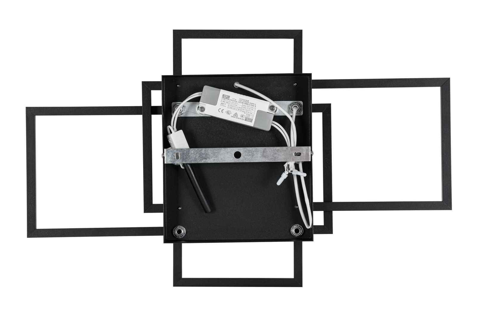 LED-Deckenleuchte von oben mit sichtbarer Verkabelung und rechteckigem Rahmen.