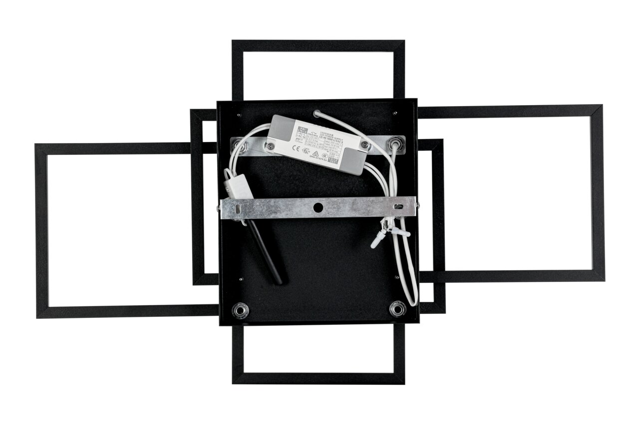 LED-Deckenleuchte von oben mit sichtbarer Verkabelung und rechteckigem Rahmen.