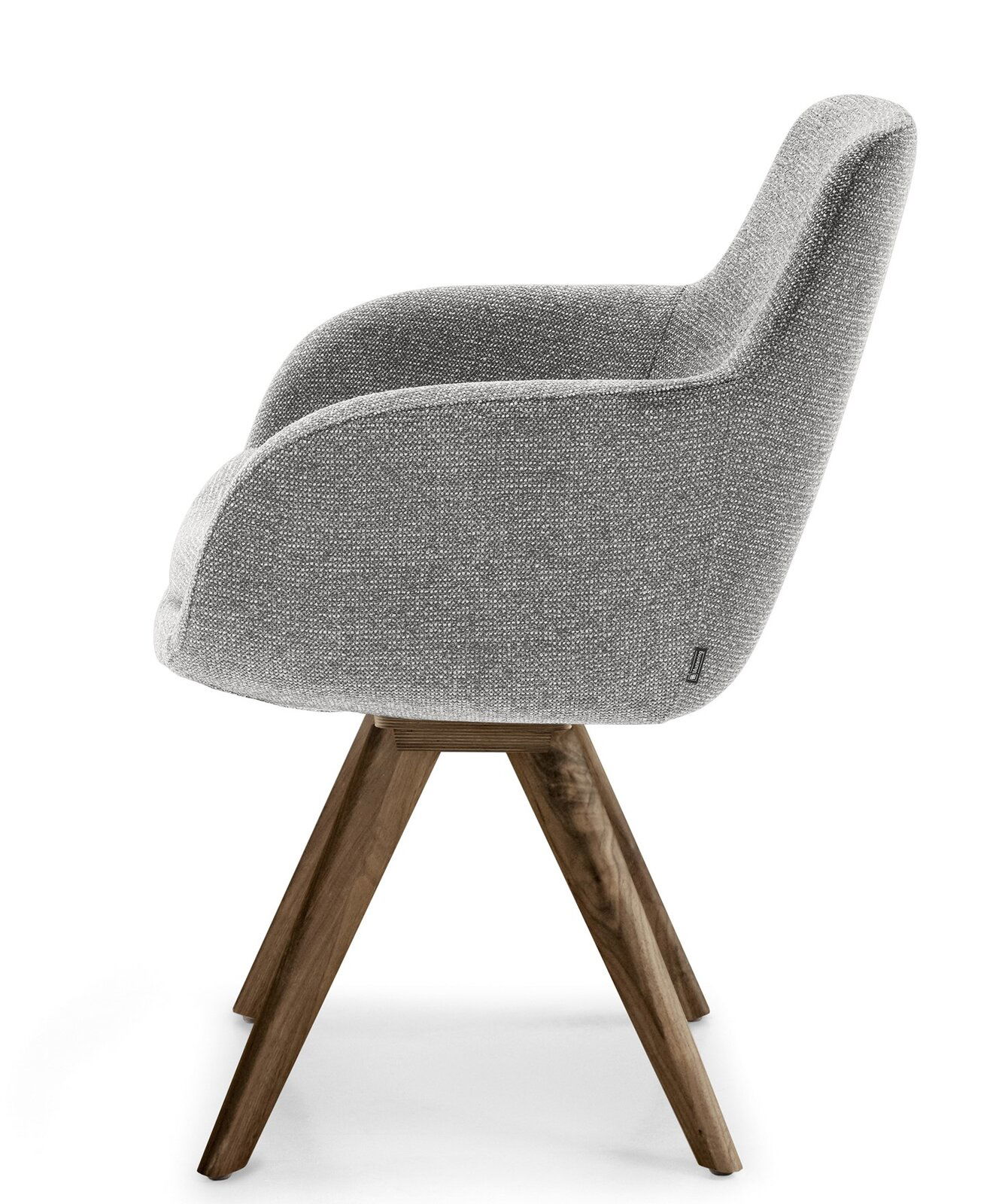 Grauer Armlehnstuhl mit Holzbeinen, Seitenansicht