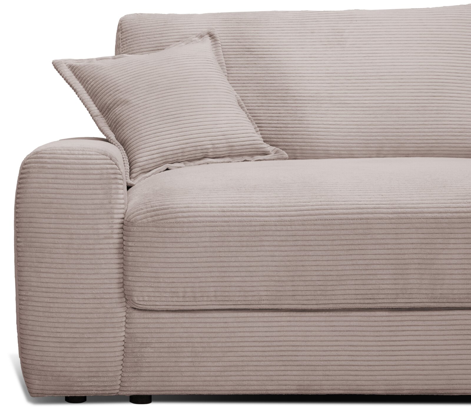 Beige grote bank met geribbelde stoffen bekleding, zijaanzicht