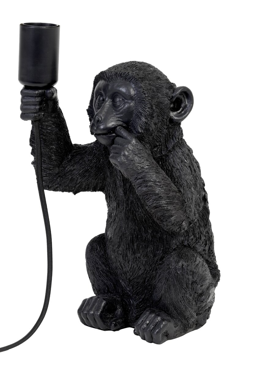 Light&Living Tafellamp MONKEY Zwarte tafellamp in de vorm van een zittende aap die een lampvoet in zijn hand houdt. Vooraanzicht.