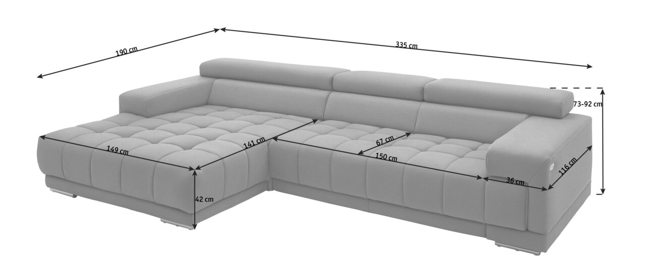 Grijze hoekbank met verstelbare hoofdsteunen en een royale zitting, afgebeeld vanuit een licht verhoogd perspectief. Afmetingen: 335 cm breed, 190 cm diep, 73-92 cm hoog.