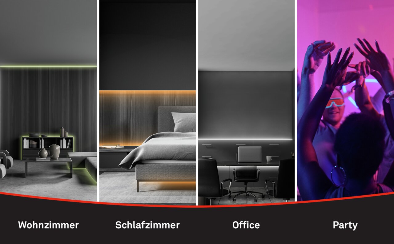 Vielseitig einsetzbares USB RGB-LED Flexband für stimmungsvolle Beleuchtung im Wohnzimmer, Schlafzimmer, Büro und bei Partys, aus der Perspektive verschiedener Anwendungsbereiche.