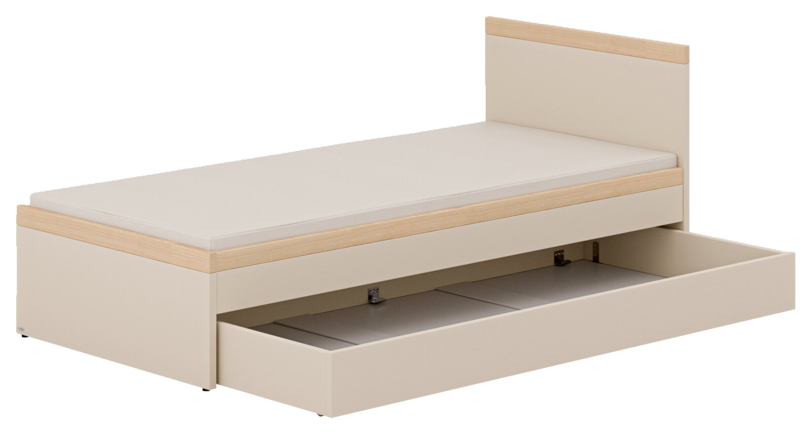 Bettkasten mit Unterschiebebett in hellem Holzdesign, seitliche Perspektive