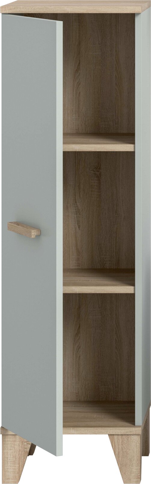 Schmaler Holzschrank mit offener grauer Tür, drei Innenfächern und Holzgriff, in Eichenoptik mit schrägen Füßen, Ansicht schräg von vorn links