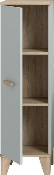Schmaler Holzschrank mit offener grauer Tür, drei Innenfächern und Holzgriff, in Eichenoptik mit schrägen Füßen, Ansicht schräg von vorn links